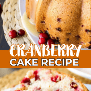 A moist cranberry cake bundt sits on a plate, drizzled with glaze. Below, a close-up of a sliced piece reveals a soft, berry-filled interior. Fresh cranberries are scattered around for decoration. Text reads Cranberry Cake Recipe.