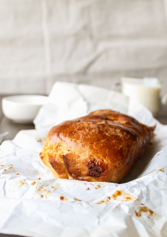 a homemade loaf of chocolate babka bread.