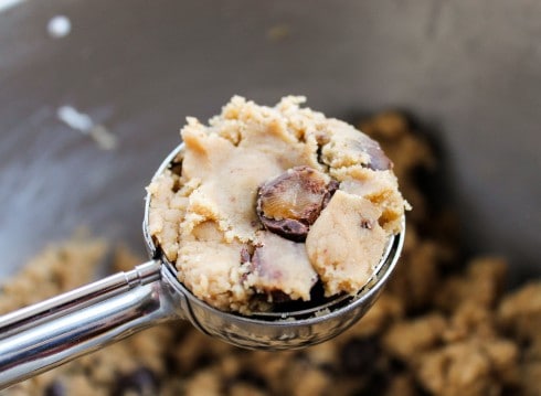 butterscotch caramel cookie dough in a cookie scoop. 