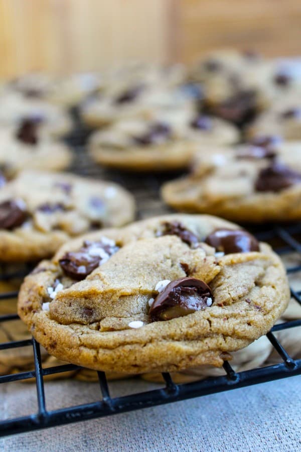 caramel butterscotch cookies cooling on a rack. 