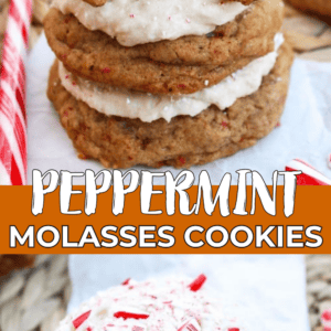 A stack of molasses peppermint cookies is shown with a bite taken from the top. Crushed peppermint candies are sprinkled on the icing. The text reads, PEPPERMINT MOLASSES COOKIES.