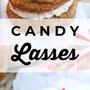 Three thick molasses peppermint cookies with white frosting and crushed peppermint are stacked, with a bite taken out of the top cookie. Below, CANDY Lasses is written in bold text. Another bitten cookie appears close up.