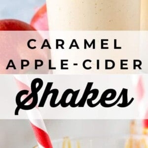 A glass brimming with a creamy apple cider shake, topped with drizzled caramel and a red-striped straw. Fresh apples are nearby. Text over the image reads: Caramel Apple-Cider Shakes.