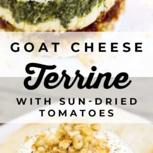 A goat cheese terrine layered with sun-dried tomato and pesto, topped with chopped nuts and cracked pepper, served alongside slices of bread.