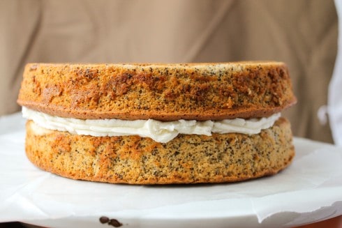 two stacked layers of Spiced Poppyseed Cake with frosting between the layers on white parchment paper. 