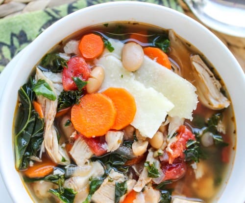 Kale, Chicken & White Bean Soup with Parmesan Shavings