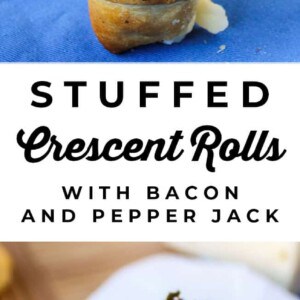A hand pulls apart a golden bacon stuffed crescent roll, revealing melted cheese and bacon inside. Other stuffed crescent rolls rest on a blue cloth. Text reads: Stuffed Crescent Rolls with Bacon and Pepper Jack.