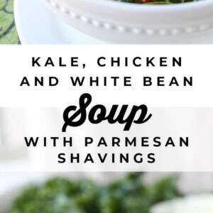 A bowl of chicken white bean soup with kale, Parmesan shavings, and carrot slices. This flavorful soup features tomatoes and greens, served in a white bowl on a table.