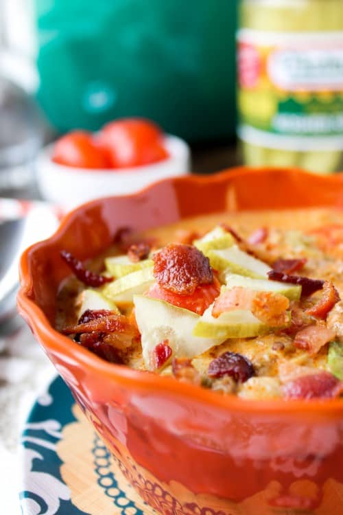 cheeseburger soup in a bowl shot from the side.