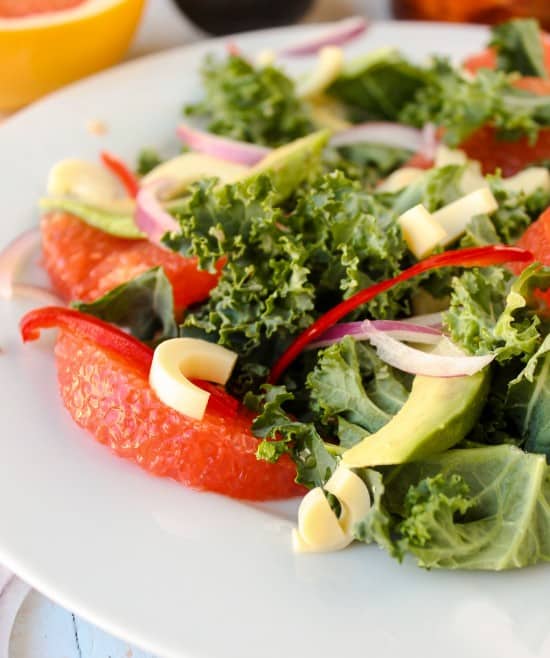 close-up of grapefruit in salad with heart of palm