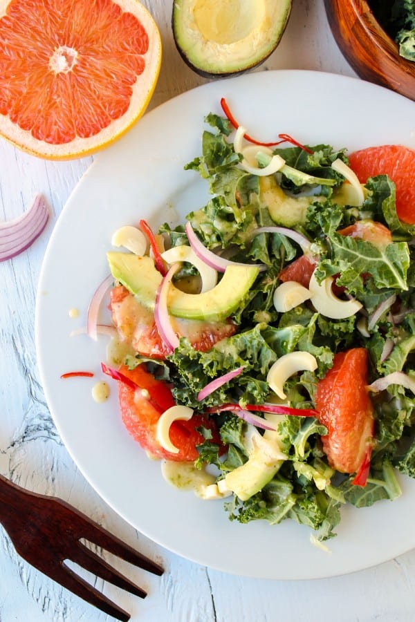 avocado and grapefruit salad on plate