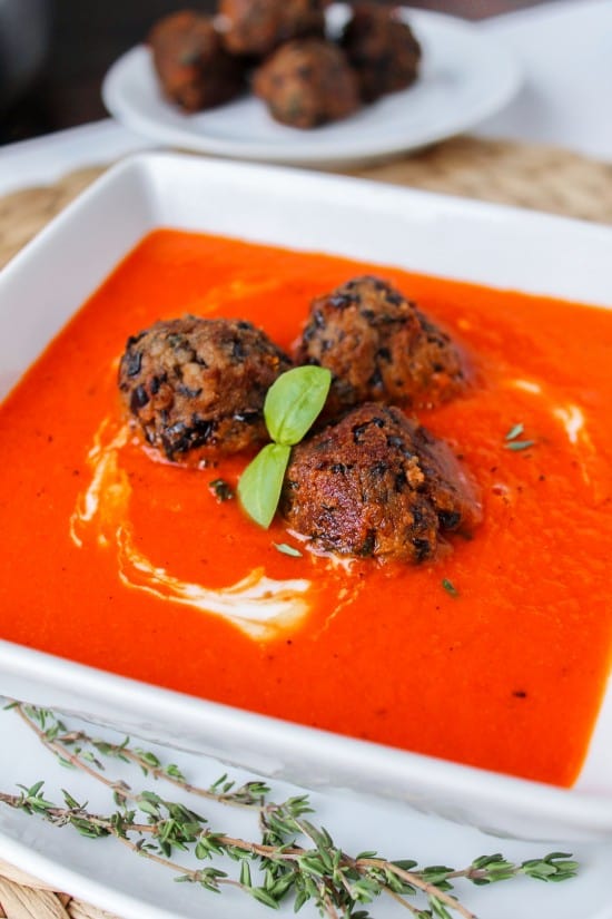 Red Pepper Soup with Black Bean “Meat”balls