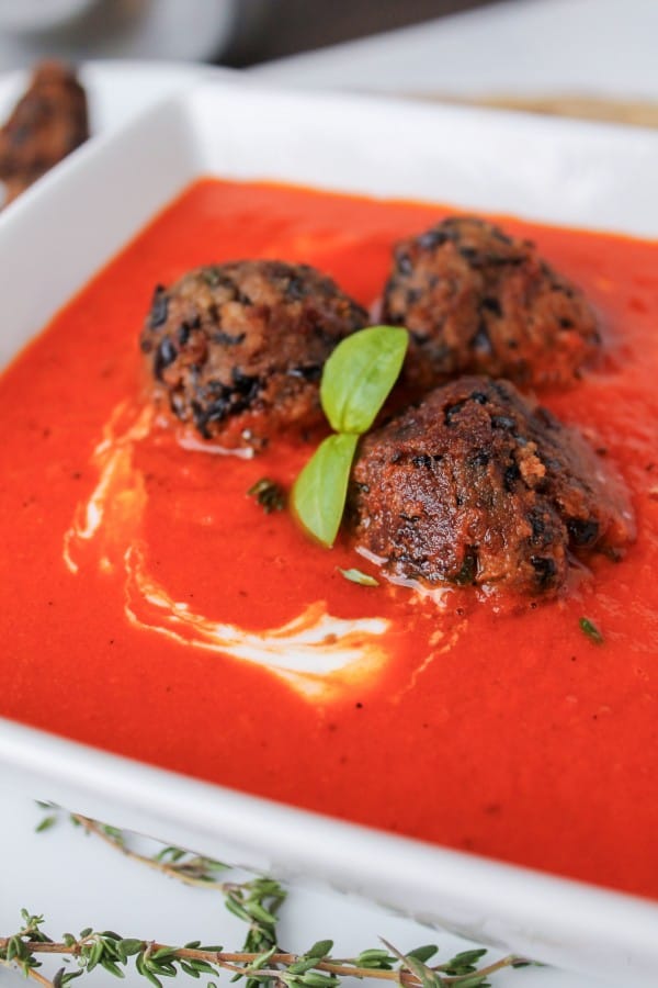 Red Pepper Soup with Black Bean “Meat”balls