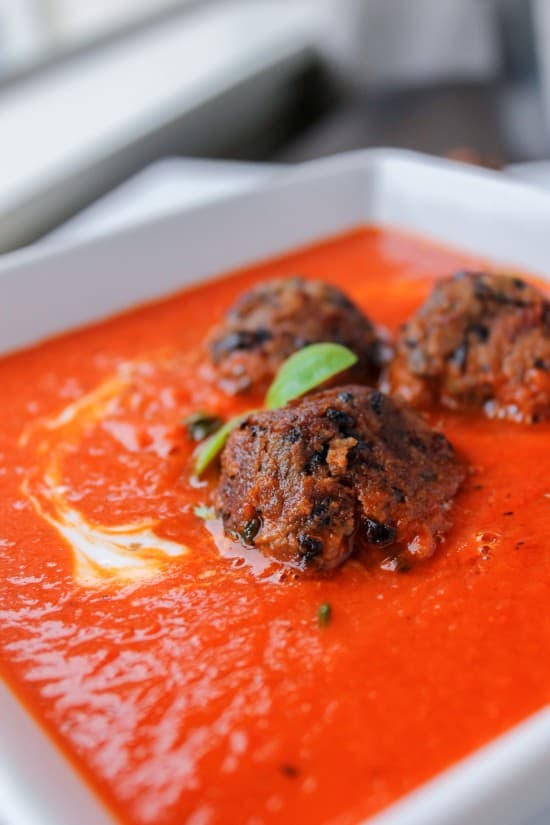 Red Pepper Soup with Black Bean “Meat”balls