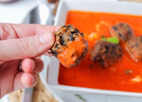 Red Pepper Soup with Black Bean “Meat”balls