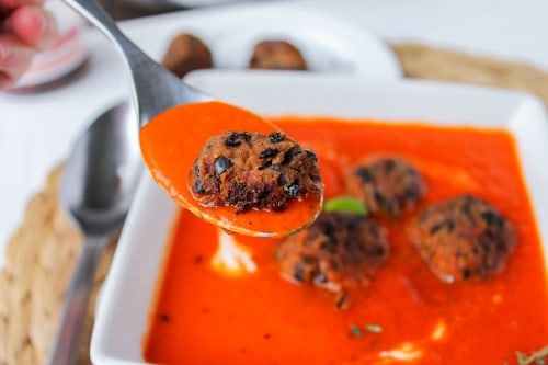 Red Pepper Soup with Black Bean “Meat”balls