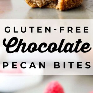 Close-up of chocolate pecan bites topped with fresh raspberries, one with a bite taken out to reveal the creamy chocolate filling. Text overlay reads Gluten-Free Chocolate Pecan Bites.