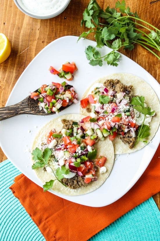 Greek Lentil Tacos with Cucumber Pico de Gallo