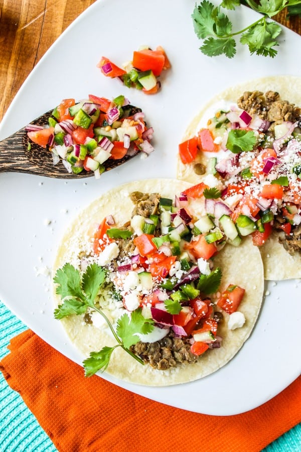 Greek Lentil Tacos with Cucumber Pico de Gallo