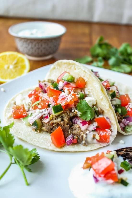 Greek Lentil Tacos with Cucumber Pico de Gallo