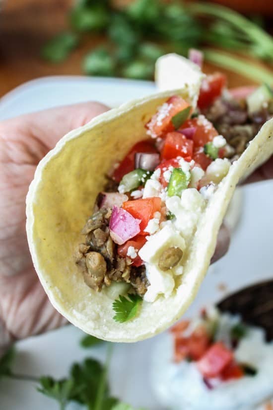 Greek Lentil Tacos with Cucumber Pico de Gallo