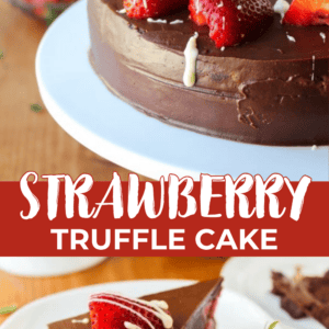 A whole strawberry truffle cake on a stand and a single slice on a plate, topped with fresh strawberries drizzled in white chocolate.
