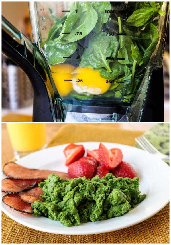 spinach and eggs in a blender for making green scrambled eggs; green eggs on a plate with ham and strawberries.