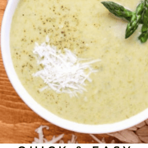 A bowl of creamy asparagus soup with shredded cheese and asparagus tips, served on a woven mat. Text reads: Quick & Easy Asparagus Soup - The Food Charlatan.