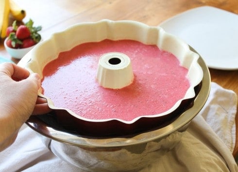Poured jello cooling in bundt cake pan.