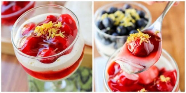 two photos of cheesecake parfaits topped with cherries and lemon zest (and one glass with a spoon). 