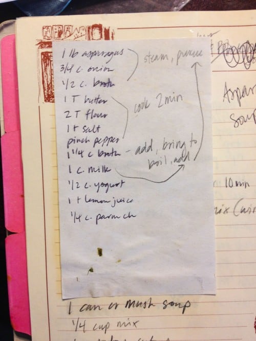 a handwritten recipe for soup.