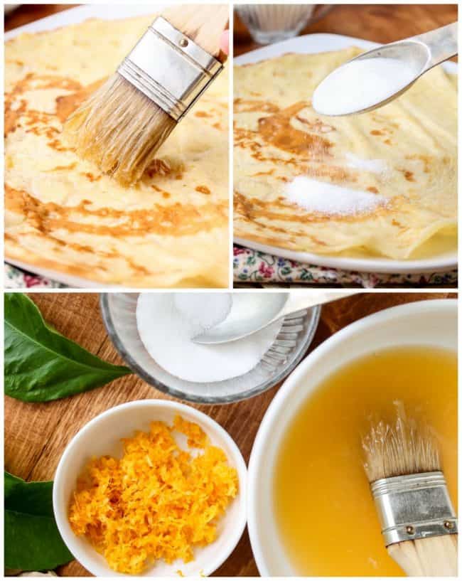 top left: brushing a crepe with lemon juice. Top right: sprinkling sugar over a crepe on a white plate. bottom: mise en place of lemon juice, lemon zest and white sugar on a cutting board with a pastry brush. 