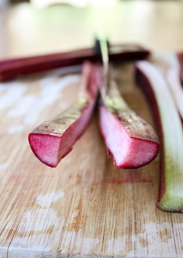 Close-up of slicing rhubarb.