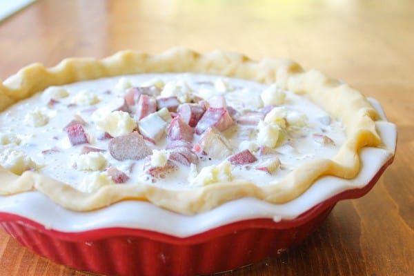 Rhubarb custard filling in the pie crust.