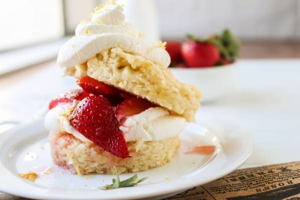 Stack of shortcake with strawberry and lemon sauce