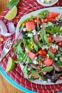 Watermelon and Lime-Steak Salad with Roasted Corn Vinaigrette from The Food Charlatan