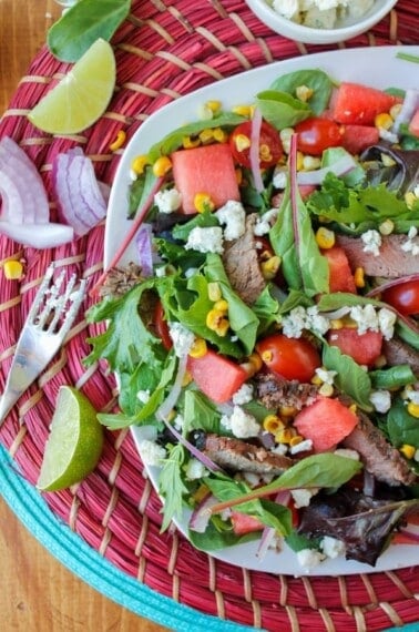 Watermelon and Lime-Steak Salad with Roasted Corn Vinaigrette from The Food Charlatan