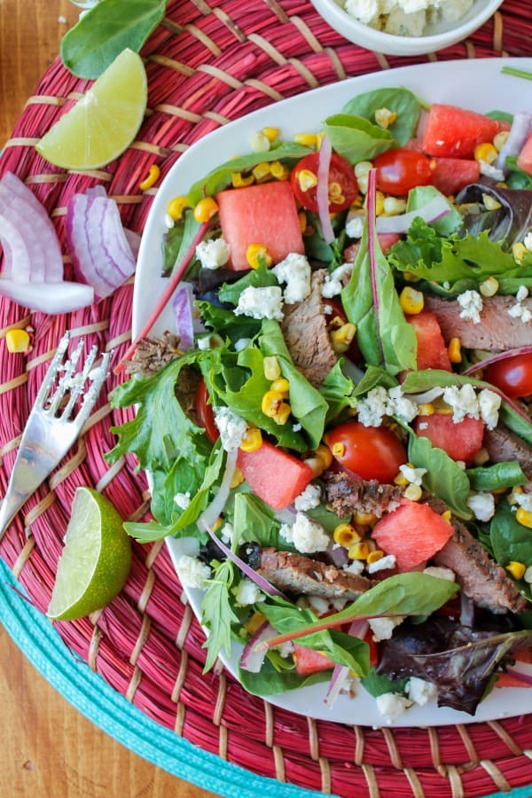 Watermelon and Lime-Steak Salad with Roasted Corn Vinaigrette