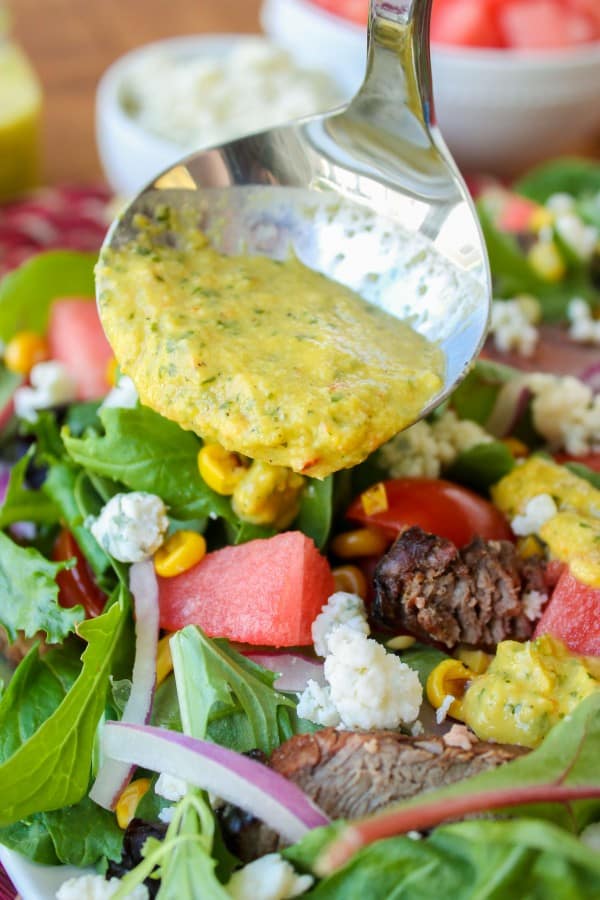 Watermelon and Lime-Steak Salad with Roasted Corn Vinaigrette