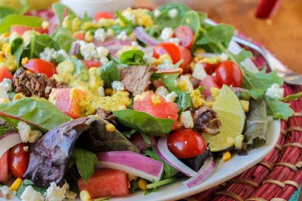 Watermelon and Lime-Steak Salad with Roasted Corn Vinaigrette