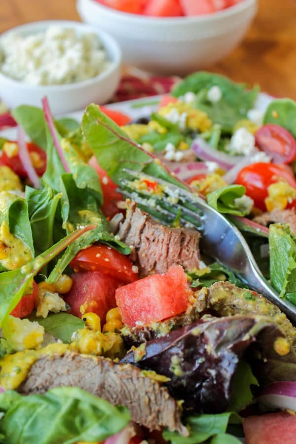 Watermelon and Lime-Steak Salad with Roasted Corn Vinaigrette