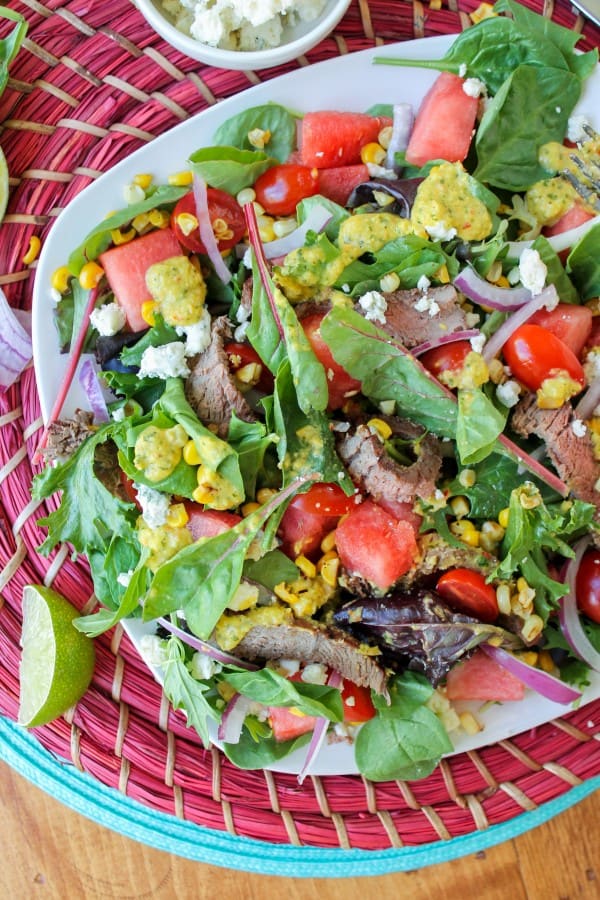 Watermelon and Lime-Steak Salad with Roasted Corn Vinaigrette