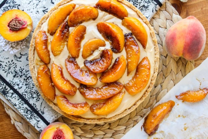 No Bake Dulce de Leche Cheesecake with Caramelized Peaches