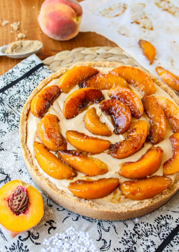 No Bake Dulce de Leche Cheesecake with Caramelized Peaches