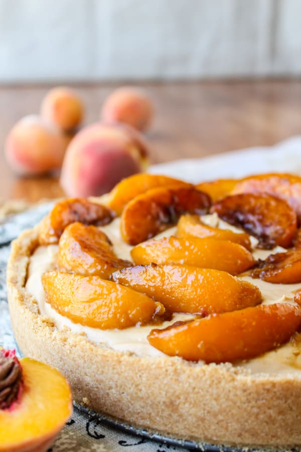 No Bake Dulce de Leche Cheesecake with Caramelized Peaches