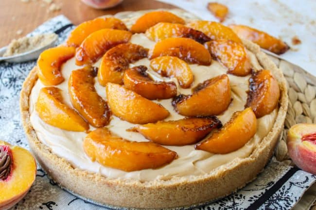 No Bake Dulce de Leche Cheesecake with Caramelized Peaches