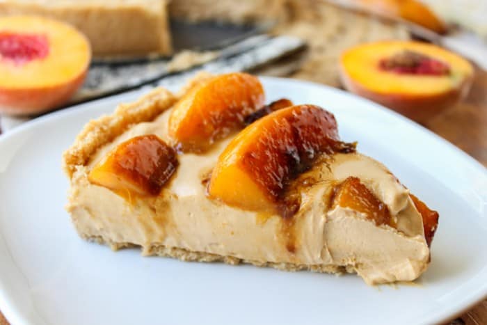 No Bake Dulce de Leche Cheesecake with Caramelized Peaches