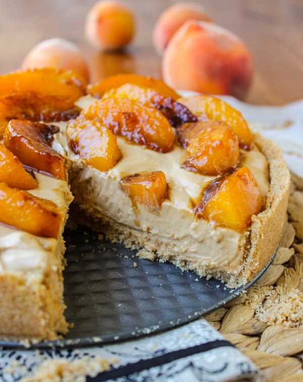 No Bake Dulce de Leche Cheesecake with Caramelized Peaches