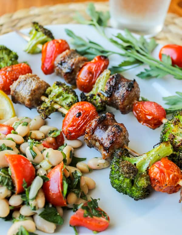 Easy Sausage and Broccoli Kebabs with White Bean Salad