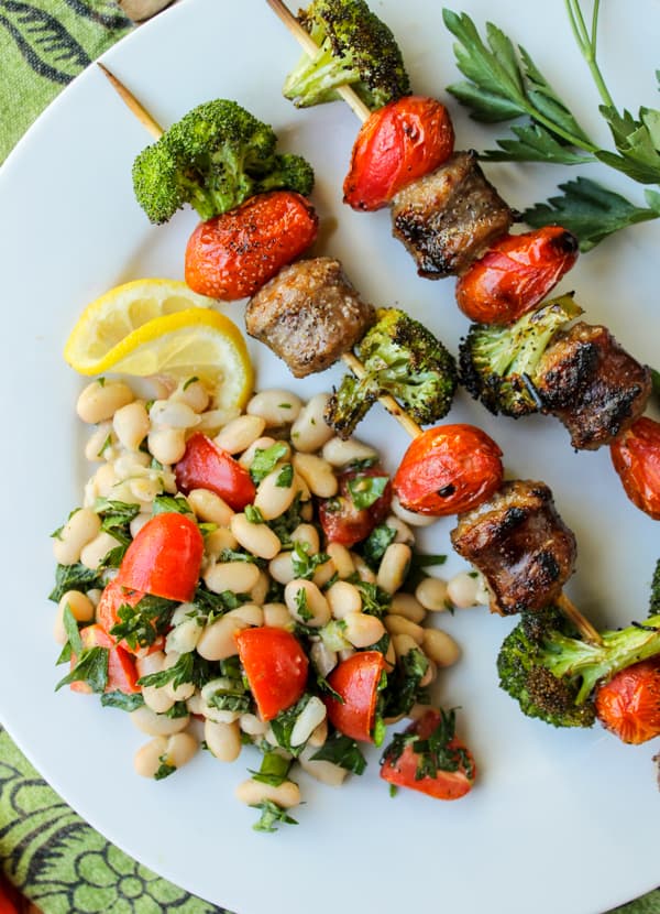 Easy Sausage and Broccoli Kebabs with White Bean Salad
